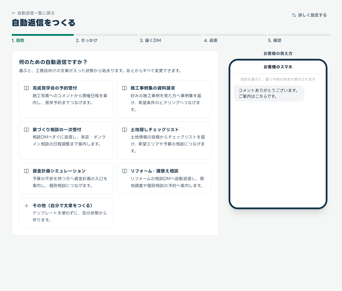 自動返信の目的を選ぶ画面